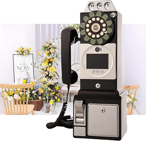 Wall Mounting Video & Audio GuestBook, Wedding Phone Video Audio Guest Book, 1080p HD Pixels, Antique Rotary Dial Phone GuestBook Decorations for Bridal Shower, Birthday, Graduations,Black-64G