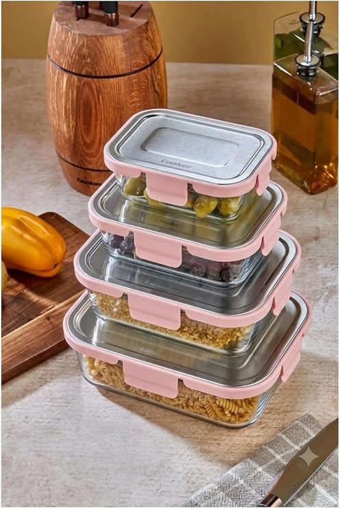 Cooker 4'lü Paslanmaz Çelik Kapaklı Cam Saklama Kabı Seti, Pembe, Sızdırmaz ckr3486-P