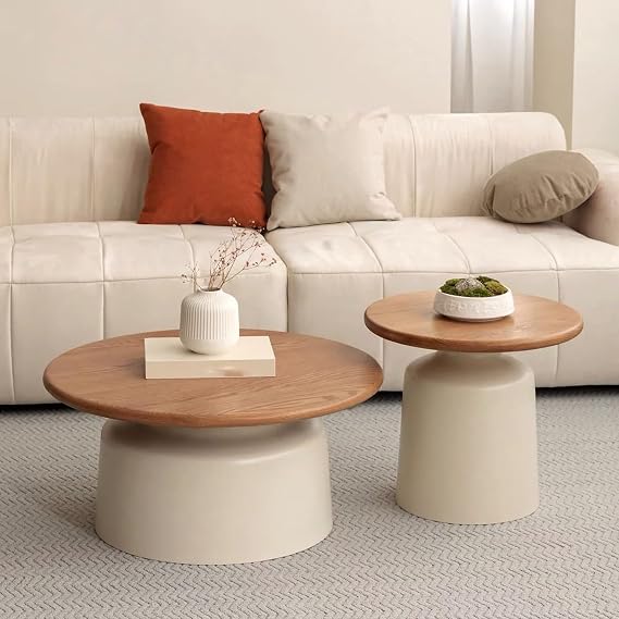 Solid Wood Round Nesting Coffee Table, End Table Set of 2 with Thick legs, Can be used individually or combined, Modern Center Tables for Living Room, Balcony(Beige)