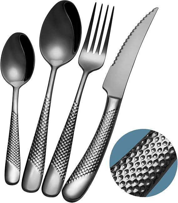 24-Piece ​Modern Black Hammered Cutlery Set with Ultra Sharp 2-in-1 Serrated Knive, 18/10 Stainless Steel Silverware Set, Titanium ​Plated Flatware Set for 6 People, Knives Forks Spoons Set