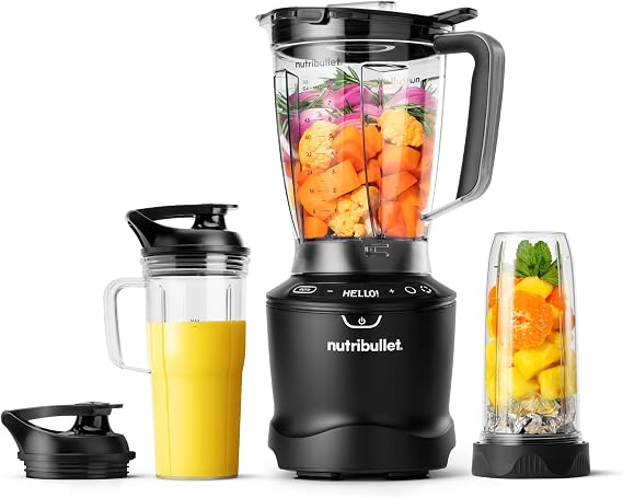 nutribullet SmartSense Mixer Combo NBF550DG Standmixer mit 5 Geschwindigkeiten und Puls-Funktion 1.9L Mixbehälter 700 und 900mL Becher mit Griff Automatischer Zyklus To-Go-Deckel 1500W Schwarz