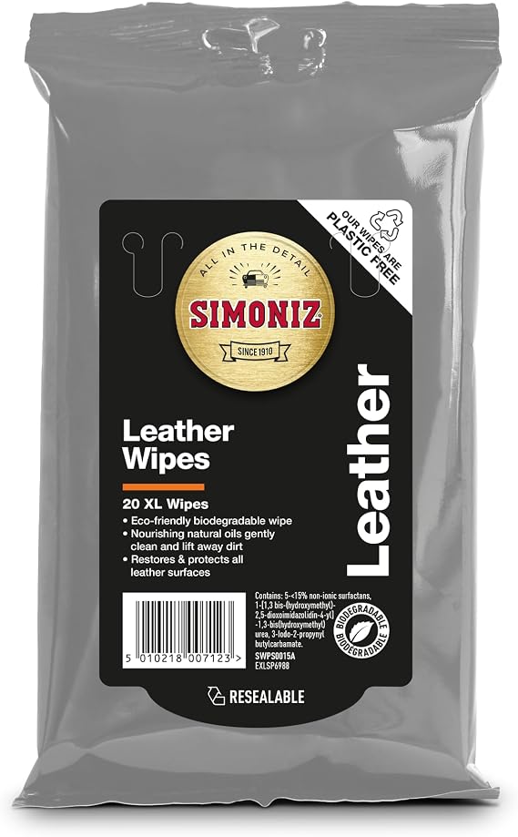 Simoniz Leather Car Wipes, Eco Friendly Biodegradable Car Cleaning Wipes To Restore & Protect Car Interior, Essential Car-Cleaning Products, Leather Wipes With Nourishing Oils, Pack Of 20 Wipes