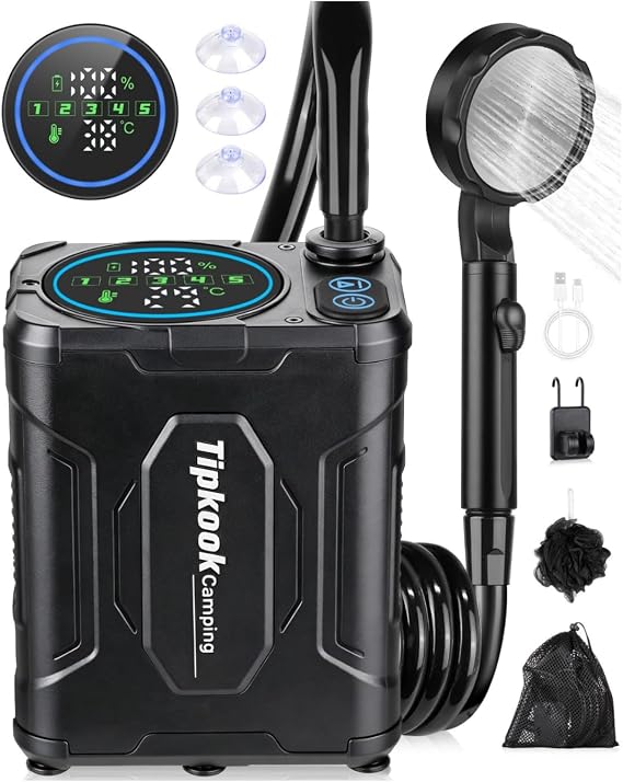 13000mAh Long-lasting Portable Camping Shower for Camping Hiking | 100-240 Mins Long-lasting, LED Display, IPX8 Waterproof, 5 Water Speeds, PP filter,