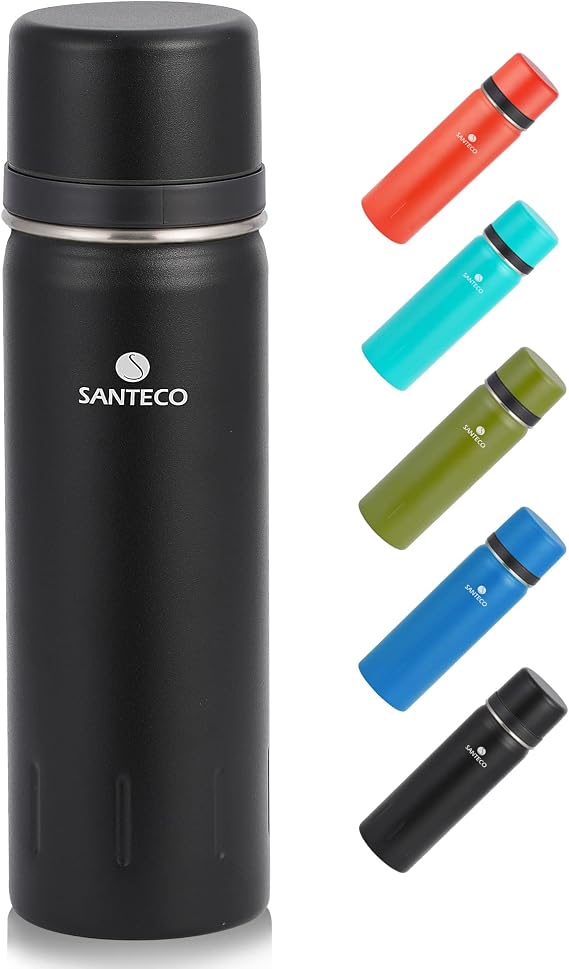 SANTECO Vacuum Flask 1L, Stainless Steel Insulated Water Bottle with Double Walled Travel Metal Coffee Flask for 12hrs Hot/24hrs Cold Drinks - Leakproof Lid Serves As A Cup 1000ml, Black