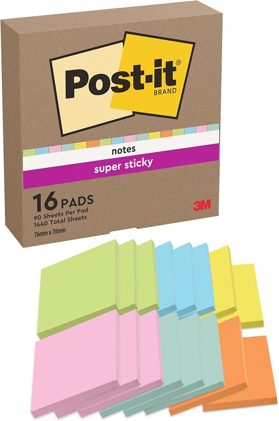 Post-it Super Sticky Notes, 16 Pads (1440 Sheets), 76 mm x 76 mm