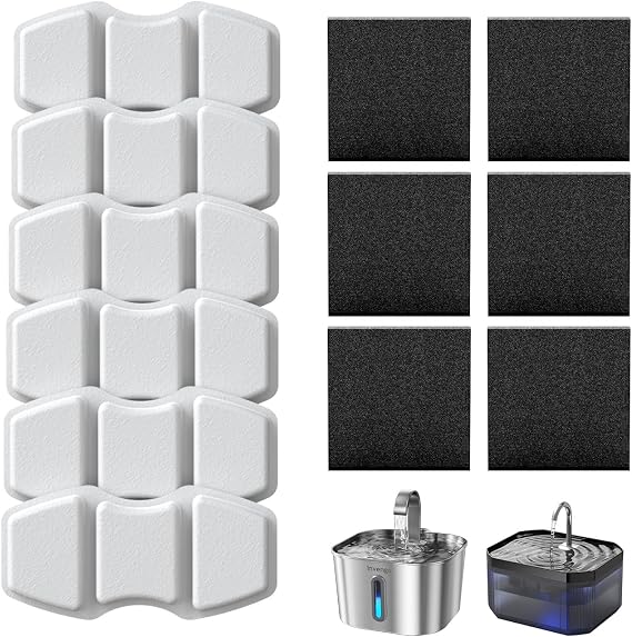 Invengo Replacement Filters for Cat Water Fountain, 6 Carbon Filters & 6 Foam Sponges Compatible with Invengo MeowFlow B10 & B20 Pet Water Fountains