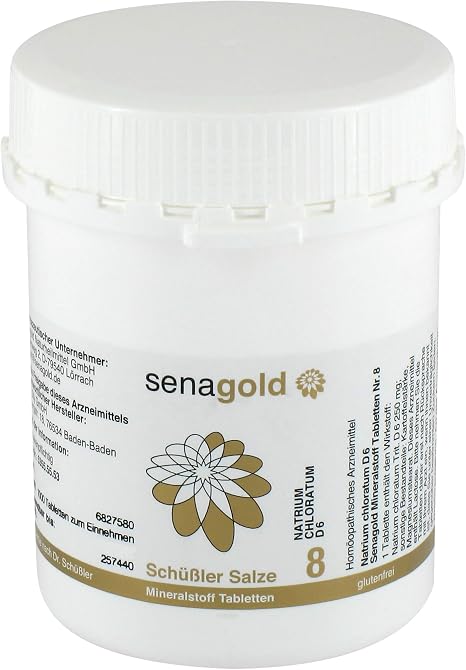 Senagold Schüssler Salt No. 8 - Sodium Chloratum D6 - The Salt of Liquid Balance - Gluten & Alcohol Free - Made according to Homeopathic Pharmacopoeia in Germany - 1000 Tablets