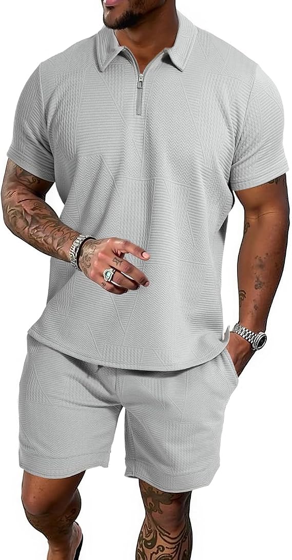 GYMELITE Men's 2 Piece Short Sets Outfits Summer Polo Shirts and Shorts Casual Zip Short Sleeve Fashion Shorts Tracksuit Set