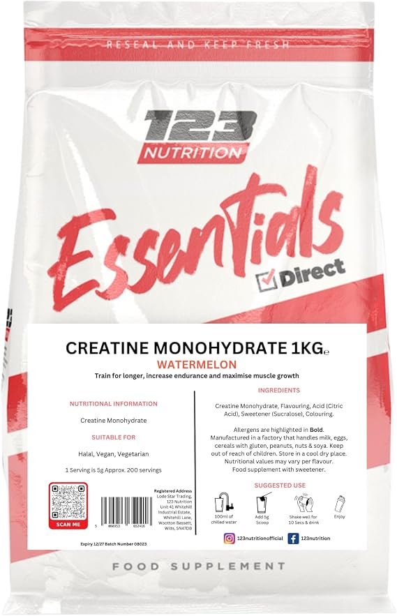Creatine Monohydrate 1kg, Flavoured, Micronised Creatine for Easy Mixing | Vegan Friendly (1kg, Watermelon)