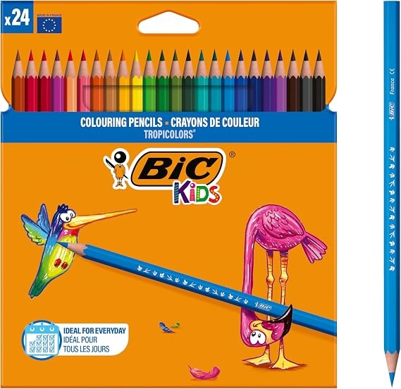 BIC Kids Tropicolors Kuru Boya Kalemi 24 Renk, Kıymık Oluşturmaz, Ağaç Kesilmeden Üretilmiştir, Çiğnemeye Dayanıklı