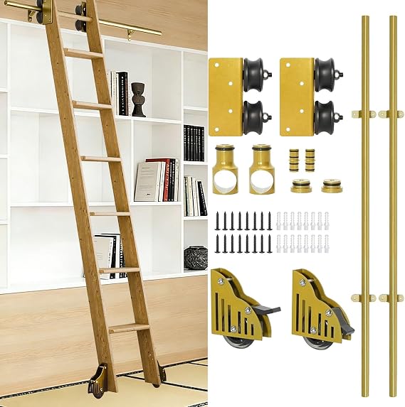 Rolling Library Ladder Hardware Kit (No Ladder) - 3.3ft-24ft Gold Carbon Steel Sliding Track | Full Set with Floor Brake Roller for UK Home Library, Bookshelf, Loft, Study(16ft/488cm Track k