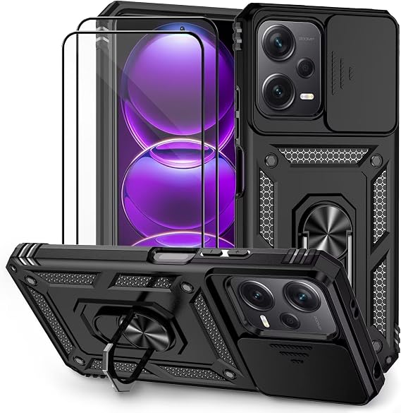 Case for Xiaomi Redmi Note 12 Pro 5G/Poco X5 Pro 5G with Tempered Glass Screen Protector Protective Case with Camera Slider Case 360° Rotating Military Stand Shockproof Cover Black