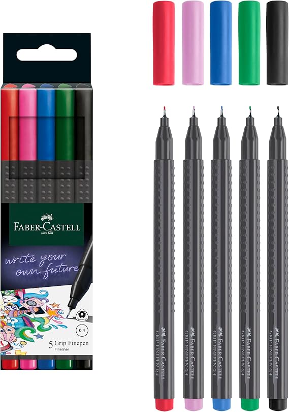 Faber-Castell Grip Finepen İnce Keçe Uçlu Kalem Seti, 5’li, Klasik Renkler, 0.4 mm, Metal Destekli, Ergonomik Üçgen Gövde
