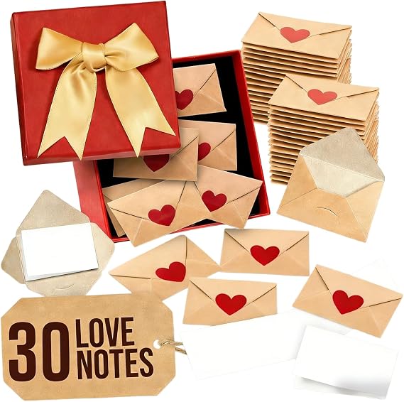 Nebulith 30PCS Mini Love Notes with Envelopes, Love Notes Box with Mini Blank Cards & Envelopes, Valentine's Day Lo/ve Card with Red Heart Stickers, DIY Lo/ve Letters, DIY Valentine Cards for Him/Her