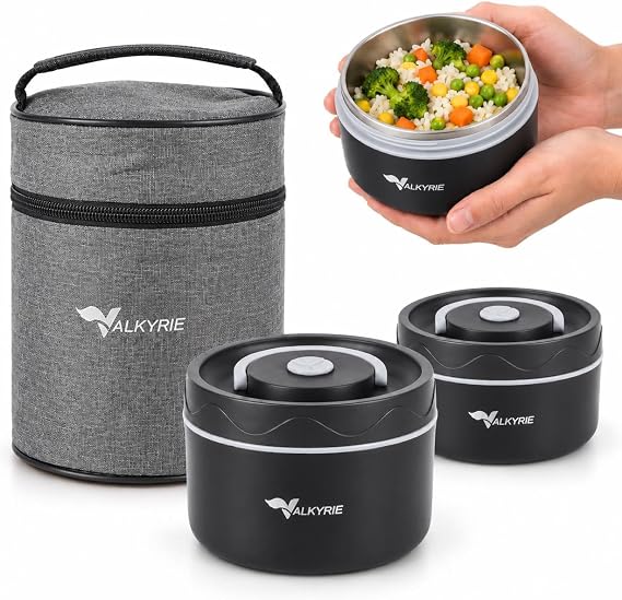 Valkyrie 2 Katlı Taraftar 304 Paslanmaz Çelik Yemek Termosu 420+550 ml Isı Yalıtımlı Çantalı Siyah
