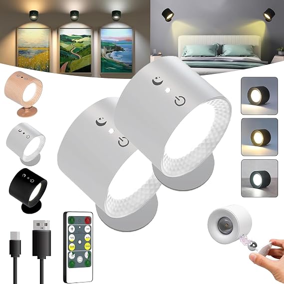 GlowRightライト、充電式グローライトライト、グローライトウォールライト、リモコンLED壁取り付け用燭台360°照明、リモコンタッチ両面ライト白*2