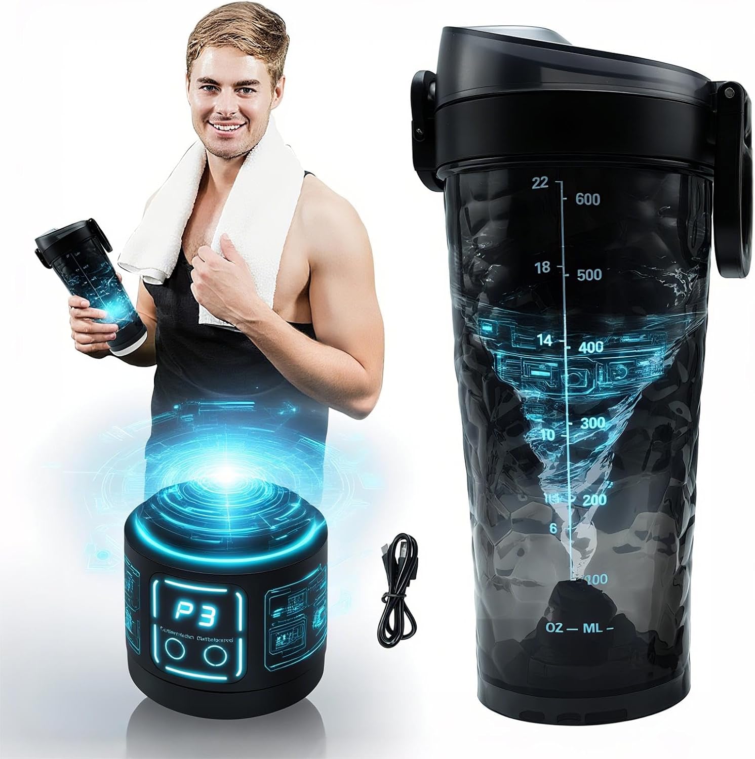 HouseUp 3 in 1 Electric Protein Shaker Bottle【15s Clump-Free Shakes】【USB Rechargeable】【Leakproof & Silent 】 for Gym/Travel, 700ml