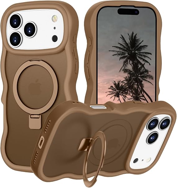 iPhone 17 Pro Maxケース、ウェーブデザイン磁気Magsafe折りたたみ式リングキックスタンド半透明マットデザイン耐衝撃落下保護カバーiPhone 17 Pro Max 6.3インチ用、デザートチタン