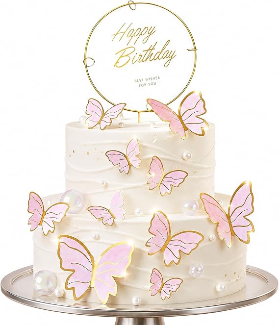 Pink Butterflies Cake Toppers, 11pcs Butterfly Cupcake Decorations with Metal Happy Birthday Topper, Pink Dream Butterflies Cake Topper for Women, Happy Birthday Party Decorations