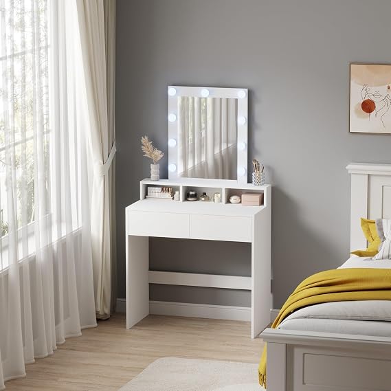 WestWood Modern LED Dressing Table with Hollywood Mirror, Makeup Vanity Desk with Drawers and Open Shelves, White Makeup Table with Light Bulbs for Bedroom