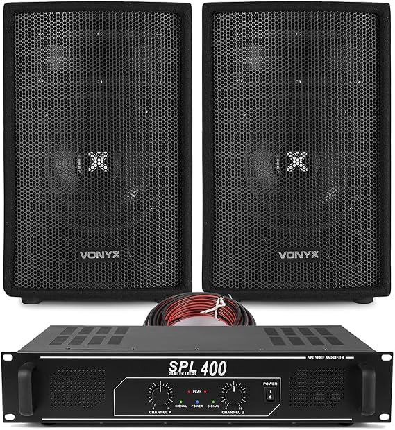 VONYX SL6 DJ Speaker & Amplifier Bundle – Complete Passive PA System, 250W Speakers Pair, Skytec SPL400 2-Channel Amplifier, 3.5mm to RCA & 10m Speaker Cable Kit, Home DJ, Compact Disco Audio Set