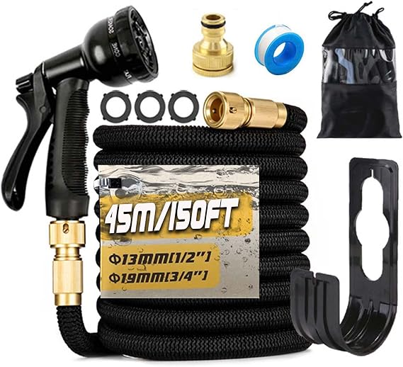 150FT/45M Expandable Garden Hose Flexible Magic Garden Hose Pipe with 3/4" 1/2" Fittings, 8 Function Spray Nozzle, 3-Layer Latex Tube (Black)