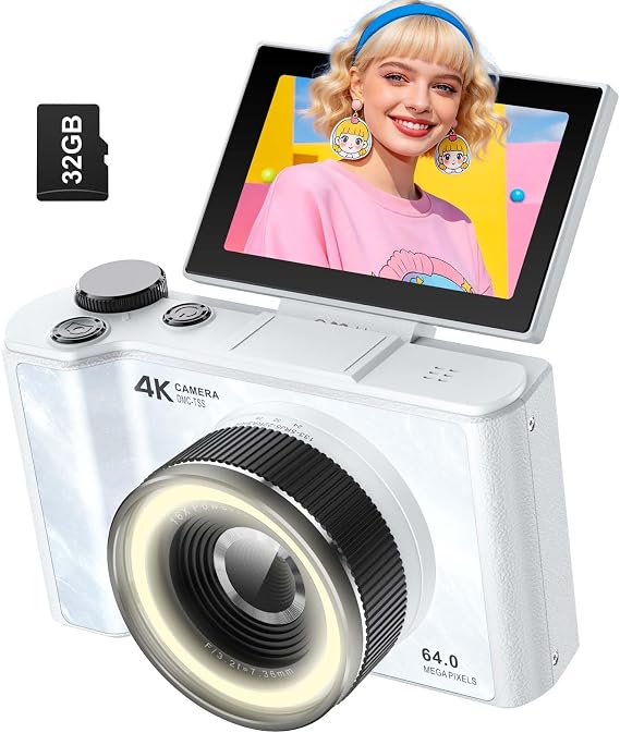 W&O Digital Photography Camera, 4K Camera with Ring Light, 180° Flip Screen Camera for Vlog with Beauty Mode, Beginner Point and Shoot Digital Camera with SD Card, 2 Batteries White