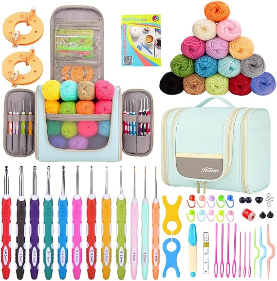 Knitiss Crochet Kits with Case, Beginner Crochet Includes Yarn & Hooks | Learn to Crochet Kits, Crochet Kits for Beginners Adults with Tutorial,15 Yarn Skeins & 12 Ergonomic Crochet Hooks