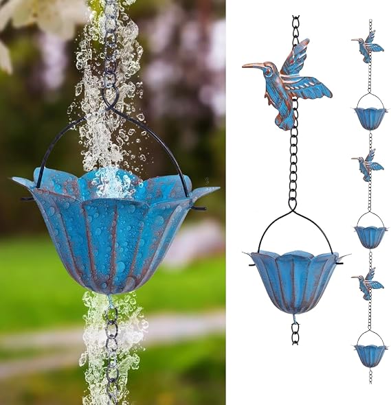 Rinnenregenkette - Verstellbare Regenwassersammlerkette Mit 7 Tassen Und 8 Hummingbird Decorative Lotus -design Für Die Entwässerung Von Taufer Abwärtsspaltersatz Und Heimdekoration (787 Fuß)