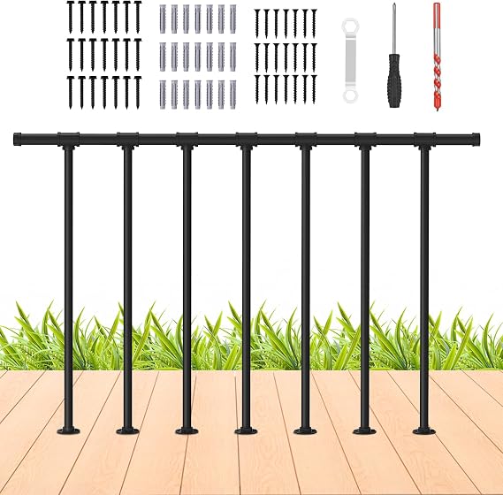 smusei Handrail Deck Railing Metal Porch Railing Guard Rail Kit with Balusters, Wrought Iron Flat Rail Kit for Deck, Porch and Balcony, Black