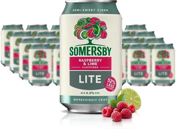 Somersby Raspberry & Lime Cider Light 24 x 033 Liter Dosen – Fruchtiger Cidre 45% Vol. – XXL Fruit Cider Set in Einwegdosen – Weniger Kalorien – Prickelnde natürliche Himbeernote mit Limone