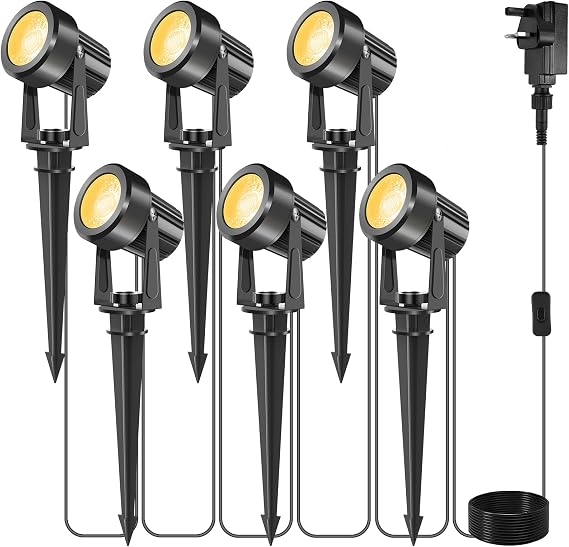 Garden Spotlights Mains, 6-in-1 LED Outdoor Spike Lights IP65 Waterproof 5V LED Garden Uplighter with Adapter Pathway Lighting for Path Yard Patio, Wall/Spike Mounted (Warm White) [Energy Class B]