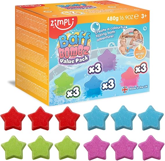 ZIMPLI - 12 x Star Baff Bombz, Create a Colourful, fizzing, bathtime Adventure, Birthday Gift for Kids, Moisturising Bath Bombs, Vegan Friendly & Cruelty Free