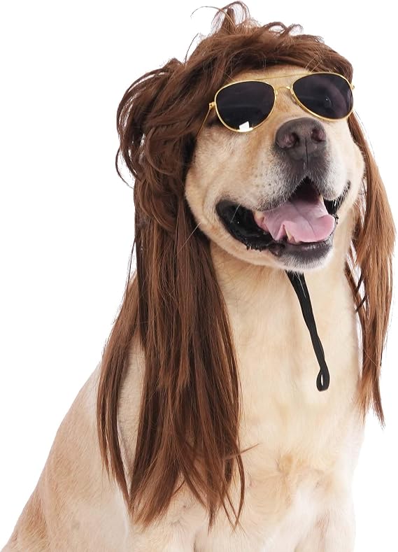 Dog Mullet Wig and Sunglasses Pet Rocker Halloween Costume Outfit