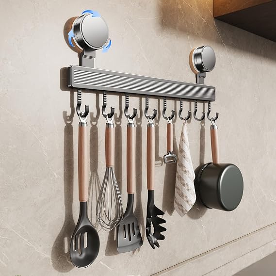 Kitchen Hook Rack No Drilling with Suction Cup | 8 Hooks, 40 cm Long, 20 kg Load Capacity, 1 Minute Installation | Removable Rustproof Hook Rail for Kitchen Utensils