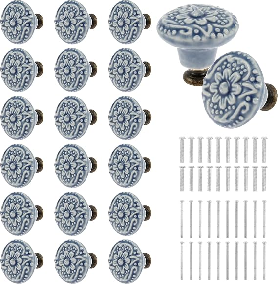 NIHUIFDPY 20Pcs Ceramic Pull Knobs Set Vintage Cabinet Knobs Decorative Kitchen Furniture Pull Handle with Screws 3.4cm Round Antique Cupboard Door Dresser Knob for Wardrobe Home Interior Décor(Blue)