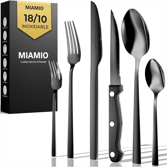 MIAMIO Cutlery Set for 6 People, 18/10 Stainless Steel (36 Pieces) (Black)