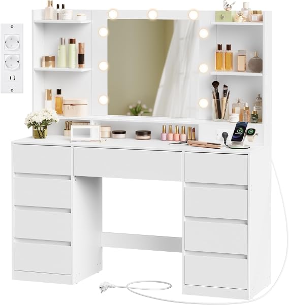 VASAGLE Vanity with LED Mirror, Tool-Free Assembly, 9 Drawers