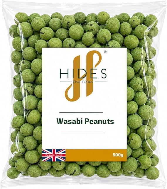 Hides Fine Foods - Wasabi Peanuts 500g - Suitable for Vegetarians - GMO Free - Snacking - Coated Peanuts with Wasabi Flavour - Bar Snack - Perfect for Parties