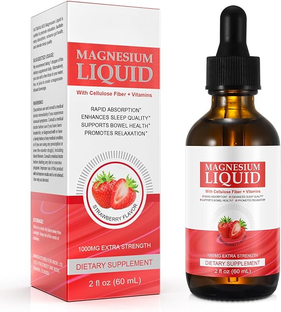 Magnesium Glycinate Liquid Drops Liquid Magnesium Complex with Glycinate,Taurate,Cellulose Fiber,Bromelain,Vitamin B6,C,D and Zinc, Strawberry Flavor, 2 Fl Oz