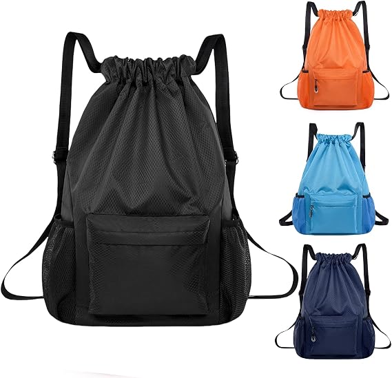 Drawstring Bags, Large Waterproof Sports Backpack Unisex Black