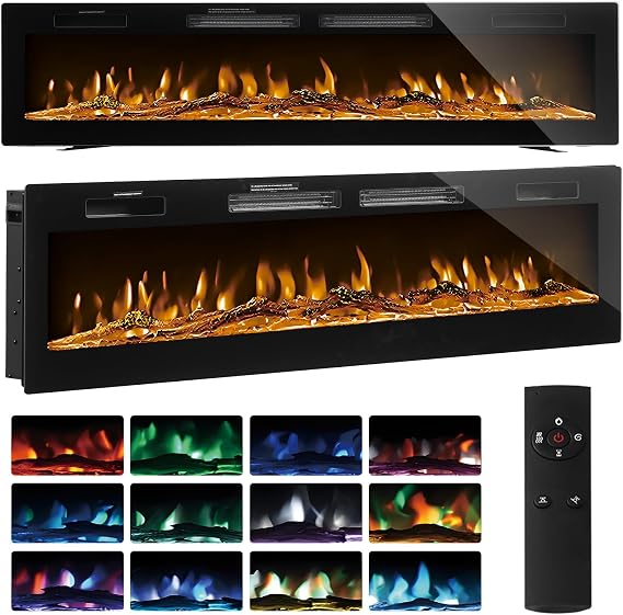 Ultra Thin Electric Fireplace 50"/60" Wall Mounted/Recessed/Freestanding Fire Heater with 12 LED Flame Color 5 Brightness Thermostat Overheat Protection Remote & Touch 750W/1500 (Black, 60inch/152cm)