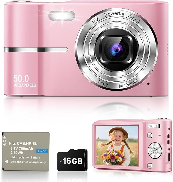 50MP Compact Digital Photo Camera, 1080P FHD Vlogging Digital Camera with 2.4" Screen, 16X Digital Zoom, Anti-Shake, Mini Door Suitable for Children Students, 16GB Card (Pink)