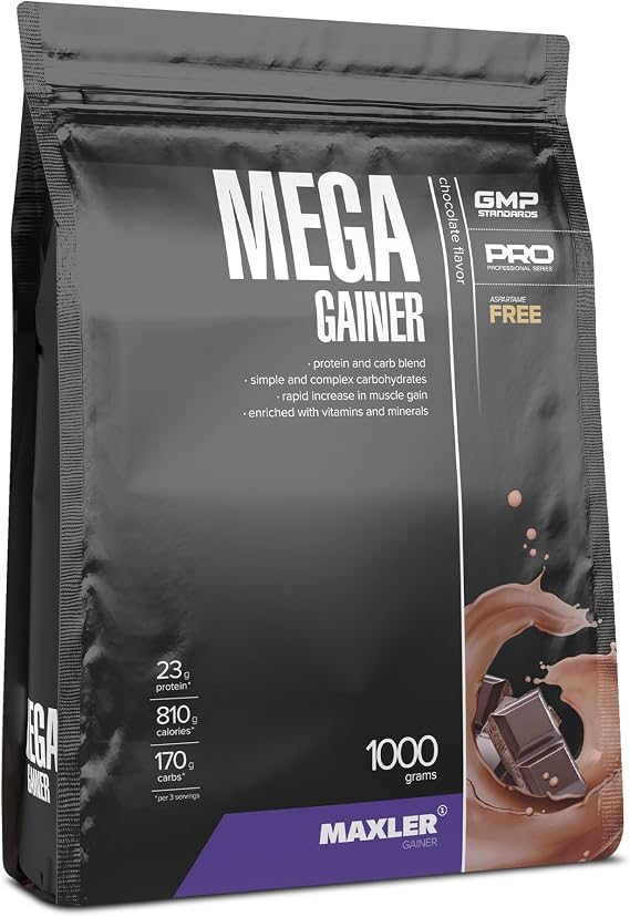 Maxler Mega Gainer - weight gainer to build muscle - chocolate - 1000g - combination of proteins, carbohydrates, vitamins and minerals - 10% whey protein - calorie rich shake