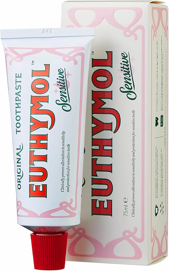 Euthymol Sensitive Toothpaste 75ml,Fluoride Toothpaste for Sensitive Teeth, Plaque Removal, Cavity Protection, Antibacterial, Gluten-Free, Thymol & Menthol, Freshens Breath,Gentle Dental Care