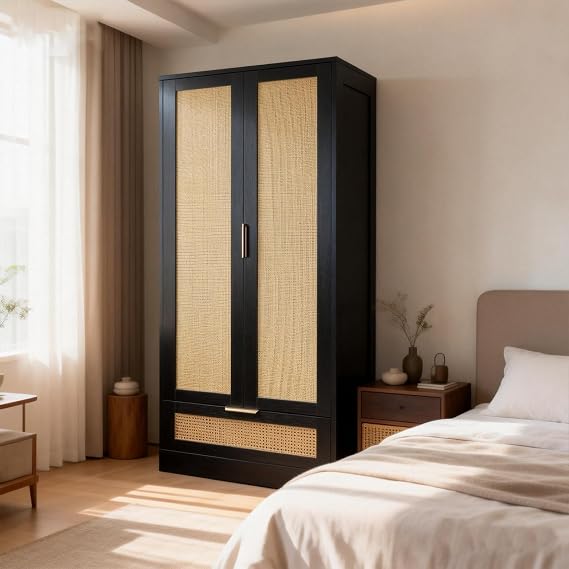 Rattan Wardrobe, 2-Door Rattan Wardrobe Closet Armoire with Hanging Rack - W80xD55xH185 CM - Black