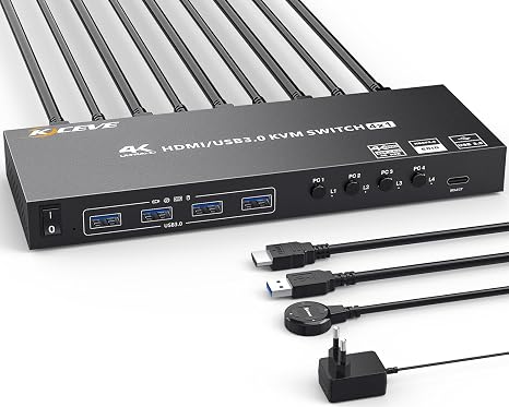 USB3.0 KVM Switch 4 PC 1 Monitor 4K@60Hz EDID Emulator, KVM Switch HDMI 4 ports 2K@144Hz for 4 computers sharing 1 monitors and 4 USB3.0 Devices, Wired HDMI+2 USB3.0 cable and Controller Included