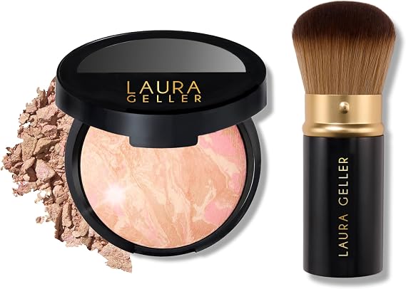 LAURA GELLER NEW YORK Get Glowing Kit (2pc): Baked Balance-n-Glow Illuminating Powder Foundation, Porcelain + Airbrush Kabuki Makeup Brush