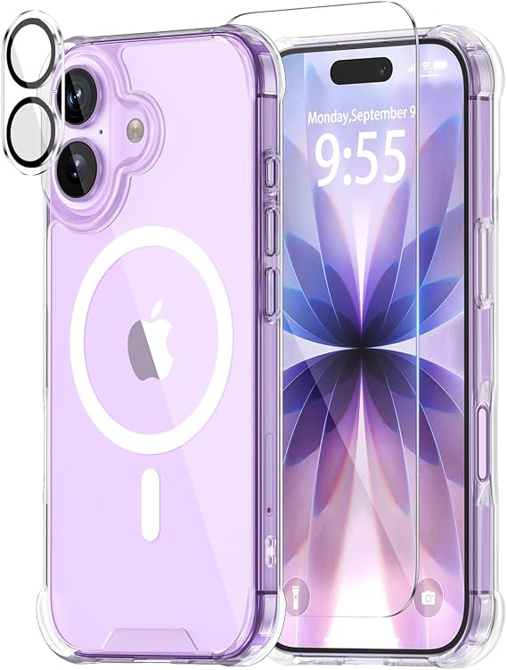 iPhone 17用 ケース クリア エアバッグ付き、ミリタリーグレード保護、MagSafe対応スクリーンプロテクター1枚&カメラレンズプロテクター1枚磁気透明カバー 6.3インチ