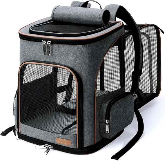Lekesky Transportin Cat Backpacks for Cats and Dogs, Expandable Pet Backpack Cat for Car/Airplane (Grey, M)